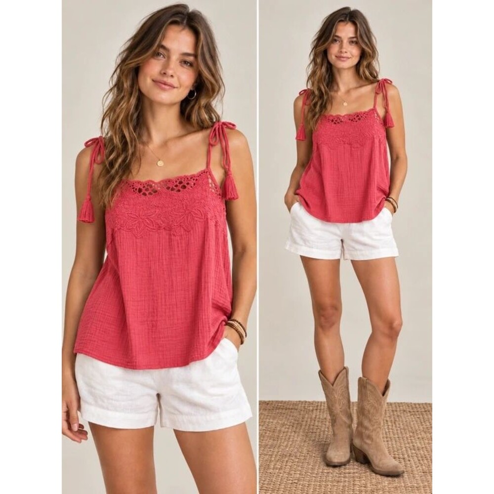 Dark Pink Embroidered Gauze Tank Top